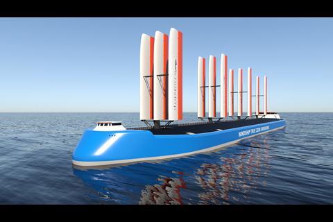 Windship Technology is working towards obtaining Approval in Principle for a design integrating solid aerofoils, solar panels, heat recovery and onboard CO2 capture. (credit: Windship Technology)